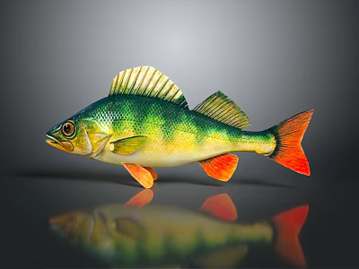 Vibrant Green Yellow Orange Fish With Shiny Scales Fins Tail On Gray Background Showing Reflection 3d model