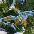 Aerial View of Children's Playground With Green Turf Yellow Structures and Curved Paths