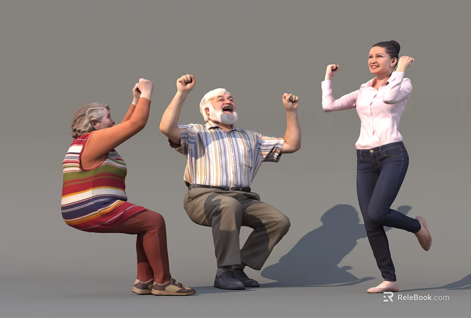 Group of Three People Raising Fists Together in Joyful Energetic Moment 3d model 