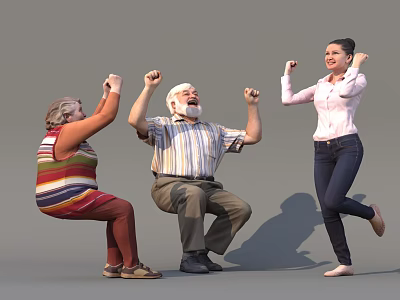 Group of Three People Raising Fists Together in Joyful Energetic Moment 3d model