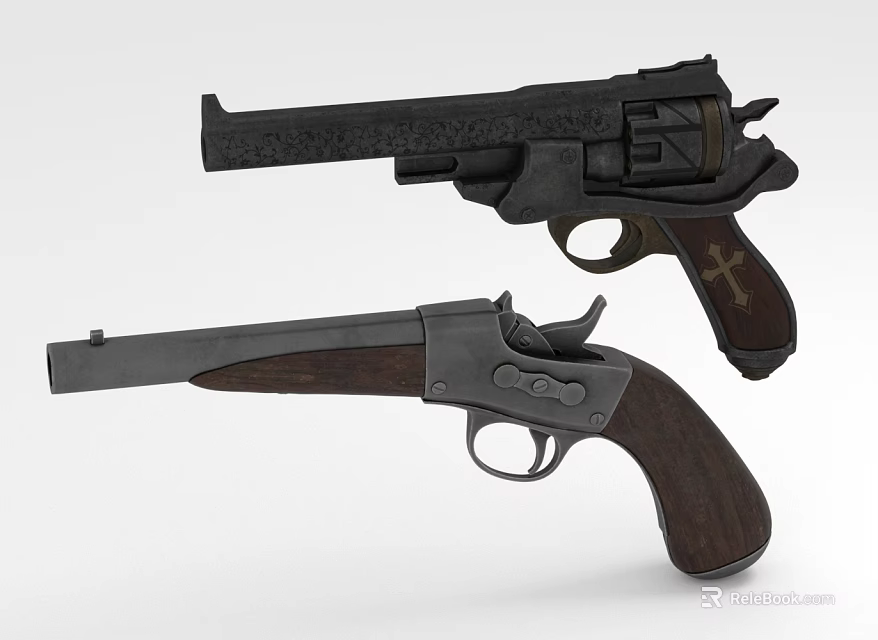 Two Classic Revolvers With Wooden Grips And Black Silver Vintage Design 3d model 