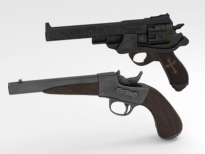Two Classic Revolvers With Wooden Grips And Black Silver Vintage Design 3d model