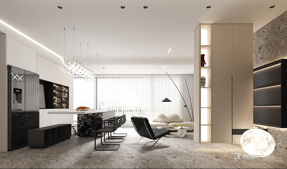 Modern Living Dining Room Interior With Sofa Dining Table Pendant Lights And Cabinets 3d model