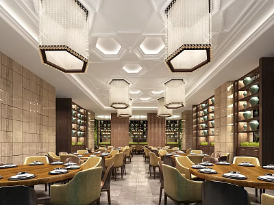 Elegant Restaurant Interior With Chandeliers Dining Tables Tile Walls And Decorative Ceiling 3d model