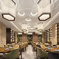 Elegant Restaurant Interior With Chandeliers Dining Tables Tile Walls And Decorative Ceiling