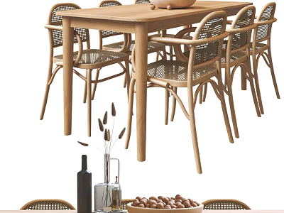 Natural Wooden Dining Table Set with Rattan Back Chairs and Tabletop Bowl 3d model