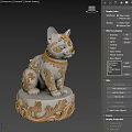 Ceramic Cat Figurine With Intricate Golden Patterns On Pedestal Base 3d model