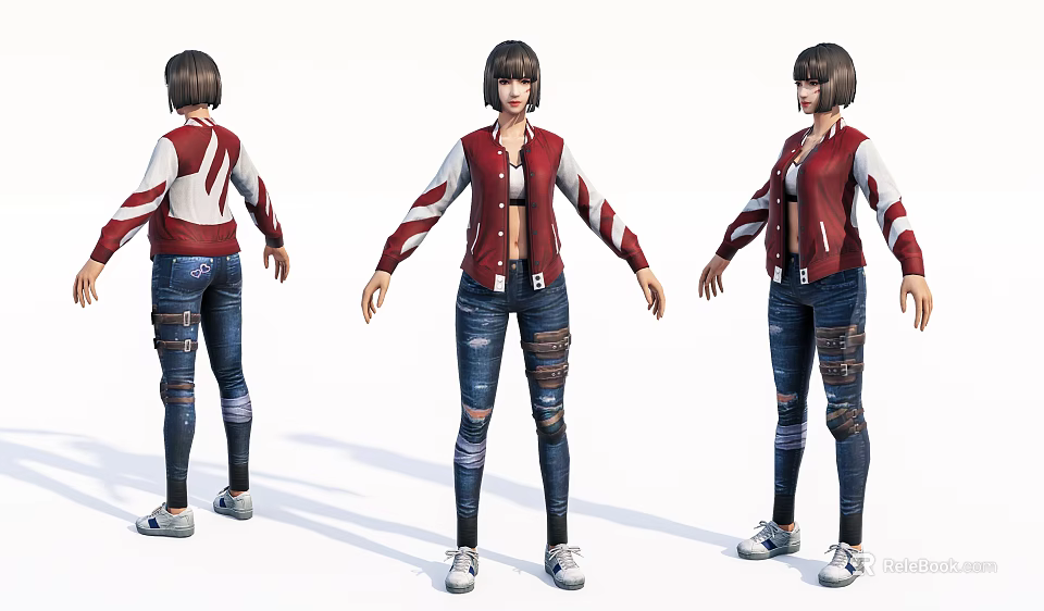 Game and Movie Character in Red White Jacket Blue Ripped Jeans Short Hair Three Angles 3d model 