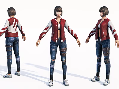 Game and Movie Character in Red White Jacket Blue Ripped Jeans Short Hair Three Angles 3d model