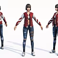 Game and Movie Character in Red White Jacket Blue Ripped Jeans Short Hair Three Angles