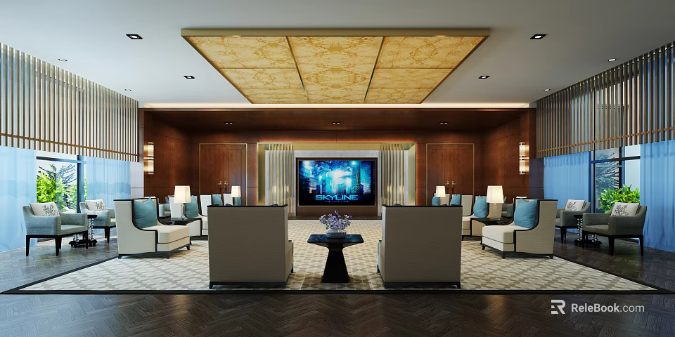 Luxurious Hotel Public Lounge With Comfortable Sofas Wooden Walls TV Screen And Ceiling Design 3d model 