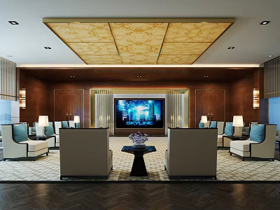 Luxurious Hotel Public Lounge With Comfortable Sofas Wooden Walls TV Screen And Ceiling Design 3d model