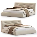 Modern Double Bed With Beige Upholstered Headboard And Comfortable Bedding 3d model