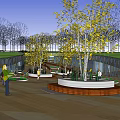 Public Open Area With Wooden Floor Circular Planters Steps And People Walking