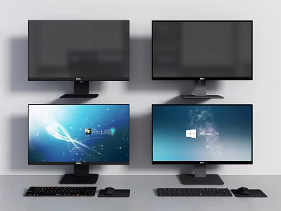 Four Computer Monitors Desktop Setup With Windows Interface Keyboard And Mouse 3d model