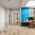 Modern Apartment Interior Design With White Cabinets Wooden Countertop Blue Chair And Beige Sofa