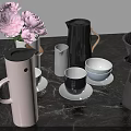 Stylish Modern Tea Set Collection With Ceramic Teapots Cups And Fresh Flowers On Marble Countertop