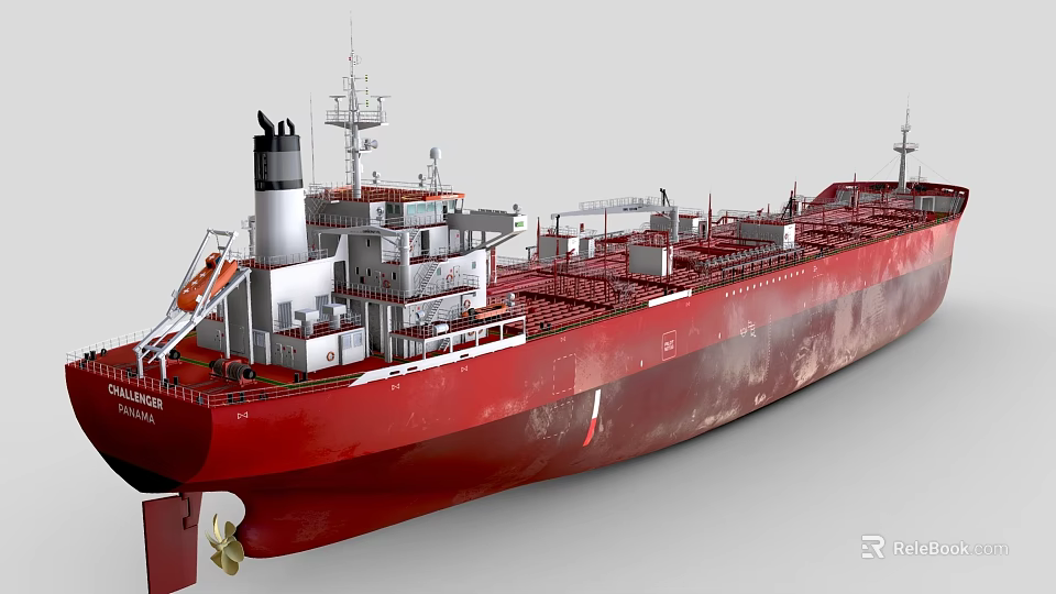 Red Large Oil Tanker Ship With Multiple Decks And Chimney 3d model