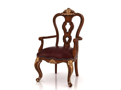 Classic Style Dining Chair Wooden Frame Carved Details Armrests Dark Red Upholstered Seat Gold Accents 3d model