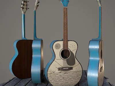 Artistic Acoustic Guitars Display With Hand-Painted Artwork And Colorful Frames On Wooden Surface 3d model