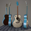 Artistic Acoustic Guitars Display With Hand-Painted Artwork And Colorful Frames On Wooden Surface