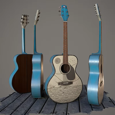 Artistic Acoustic Guitars Display With Hand-Painted Artwork And Colorful Frames On Wooden Surface 3d model