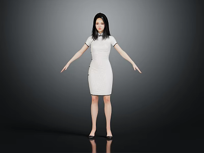 Woman In White Dress With High Heels Standing Arms Outstretched On Black Background 3d model