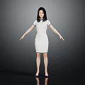 Woman In White Dress With High Heels Standing Arms Outstretched On Black Background