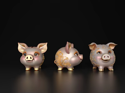 Three Decorative Piggy Banks With Gold Ornate Patterns For Household Ornaments 3d model