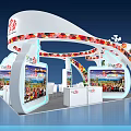Modern Exhibition Booth With Curved Structure Colorful Decorations Brand Logos And Display Screens