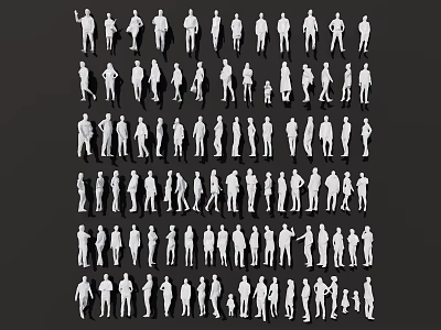 Multiple People Silhouettes In Various Poses Arranged On Black Background 3d model