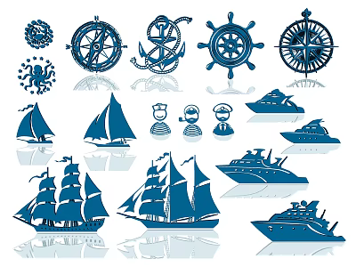 Nautical Theme Wall Decor with Ship Wheels Anchors Sailboats Yachts and Compasses 3d model
