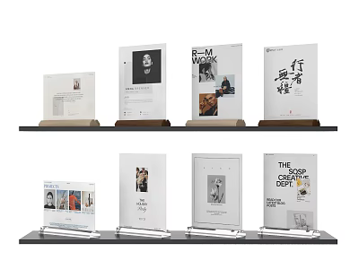 Billboards With Different Designs Including Black And White Photos Text Colorful Patterns Arranged On Shelves 3d model