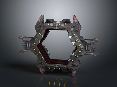 Futuristic Hexagonal Mechanical Frame With Detailed Metallic Structure And Yellow Lights 3d model