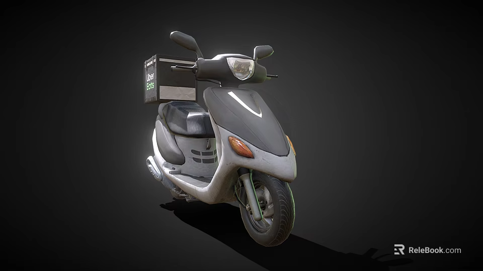 Silver Delivery Scooter with Black Box and Green Logo Design on Dark Background 3d model 