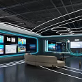 High Tech Control Room With Multiple Screens Sofa Black Floor And Blue Lighting 3d model