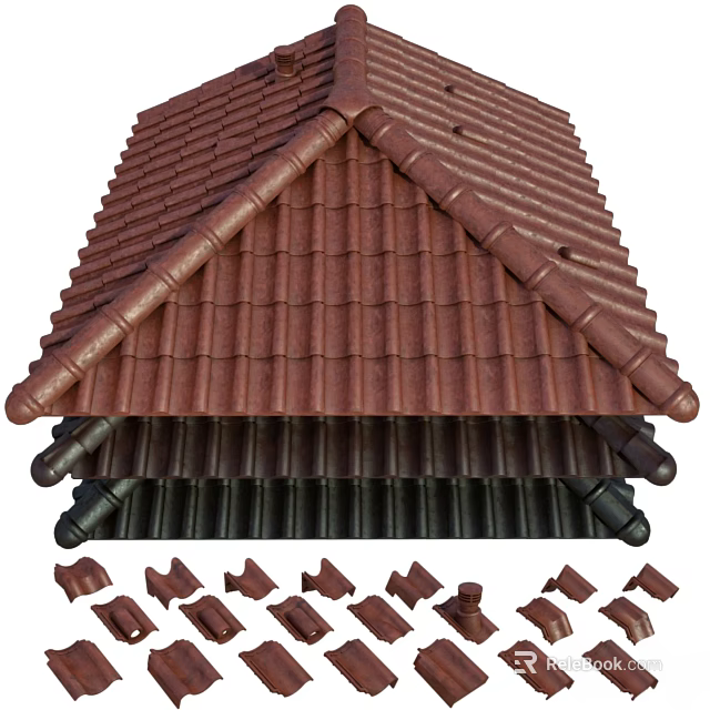 Brown Roof Tile Components With Layered Interlocking Design And Fittings 3d model