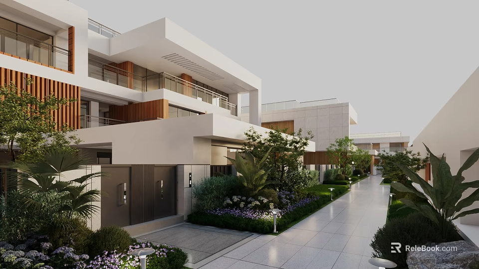 Modern Townhouse Exterior With White Facade Wooden Accents Landscaped Garden And Driveway 3d model 