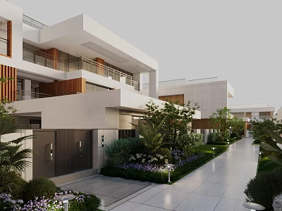 Modern Townhouse Exterior With White Facade Wooden Accents Landscaped Garden And Driveway 3d model