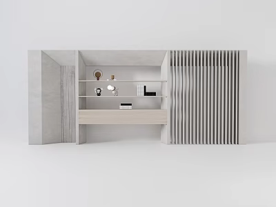 Modern Bookcase With Open Shelves Vertical Slats Sides Light Gray Beige Wood Design 3d model