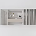 Modern Bookcase With Open Shelves Vertical Slats Sides Light Gray Beige Wood Design