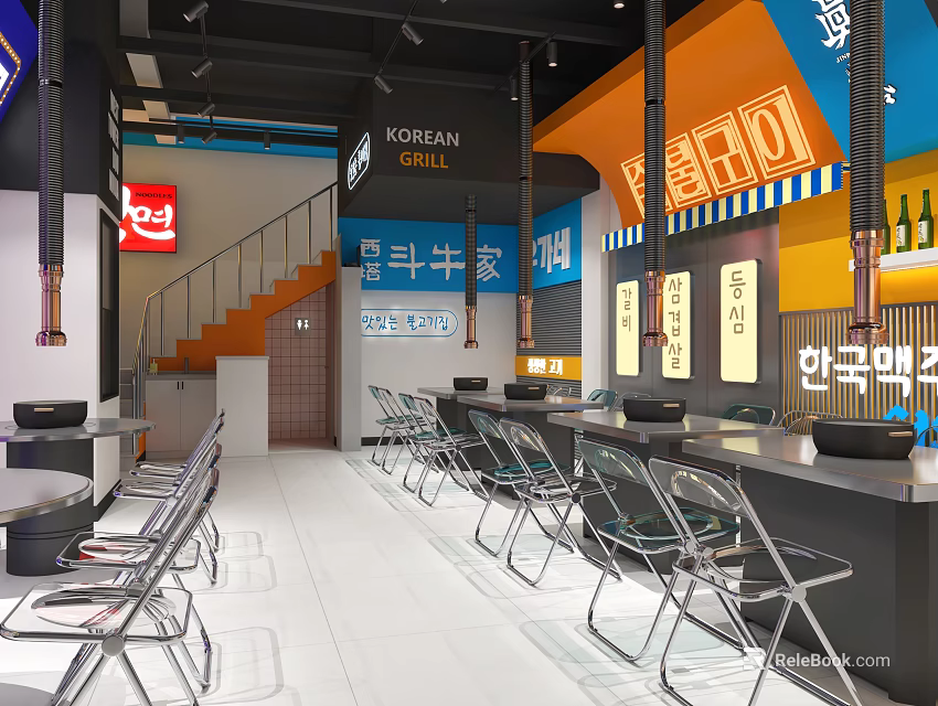 Korean Grill Restaurant Modern Open Dining Space With Metal Tables And Chairs 3d model 