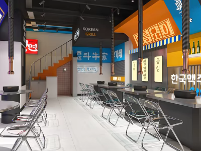 Korean Grill Restaurant Modern Open Dining Space With Metal Tables And Chairs 3d model