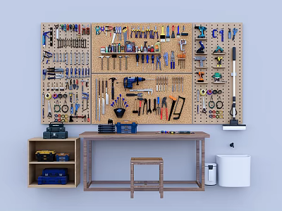 Tool Storage Cabinet Rack with Pegboard Filled Various Tools and Workbench for Organized Workshop 3d model