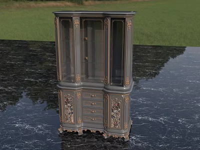 Vintage Wine Cabinet With Glass Doors Ornate Carvings And Drawers On Marble Countertop 3d model