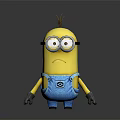 Yellow Minion Character With Goggles Blue Overalls And Serious Expression On Gray Background