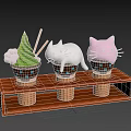 Cute Cat Shaped Ice Cream Green And Pink Flavors In Cone Cups On Wooden Stand