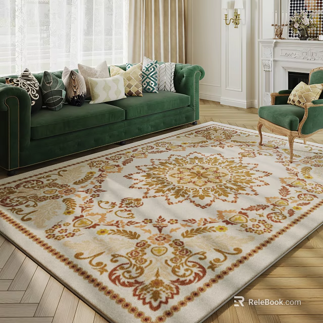 Elegant Living Room Interior With Green Sofa Patterned Rug Armchair Pillows And Fireplace 3d model 