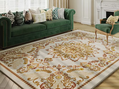 Elegant Living Room Interior With Green Sofa Patterned Rug Armchair Pillows And Fireplace 3d model
