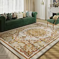Elegant Living Room Interior With Green Sofa Patterned Rug Armchair Pillows And Fireplace